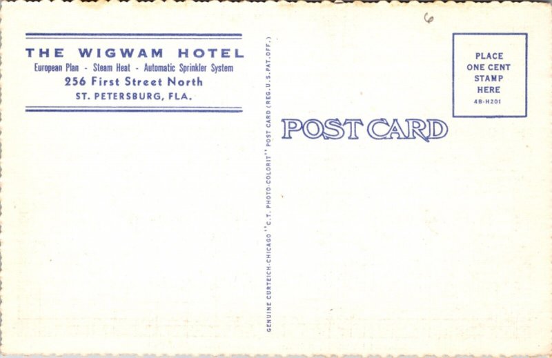 Linen Postcard The Wigwam Hotel 256 First Street North in St. Petersburg Florida