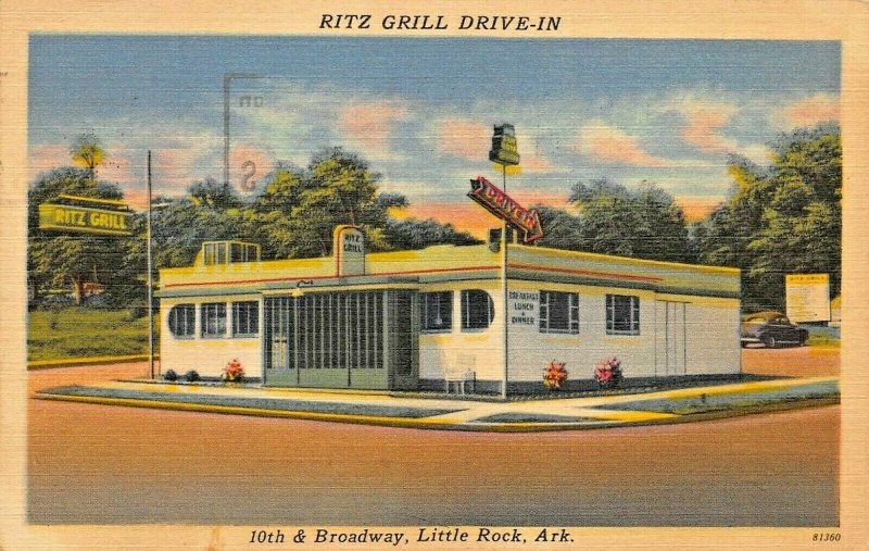 LITTLE ROCK AR~RITZ GRILL DRIVE IN~10th & BROADWAY~LUNCH-DINER 1950 PMK POSTCARD