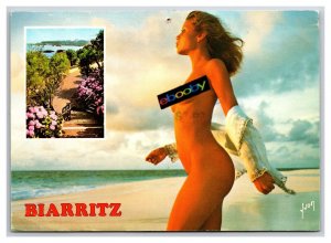 Beautiful Topless Woman on Beach Biarritz France Continental Postcard Z8