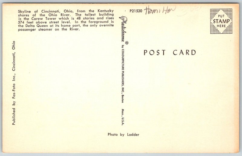 Cincinnati Ohio 1950s Postcard Skyline From Kentucky Delta Queen