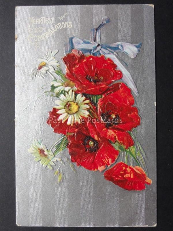 HEARTIEST CONGRATULATIONS Poppies Postcard on Silvered Surface - Old Postcard