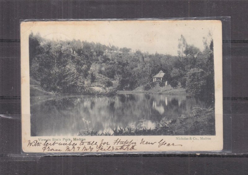 INDIA, MADRAS,VIEW IN SIM'S PARK, 1904 ppc, used, stamp removed, SEA POST OFFICE