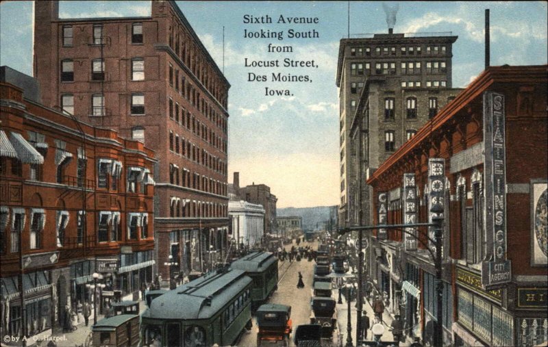 DES MOINES IA Sixth Avenue TROLLEYS STREETCARS c1920 Postcard