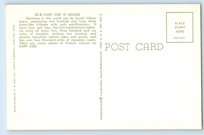 c1960 Cape Cod Massachusetts Postcard Town Nantucket Sound Atlantic Ocean Map