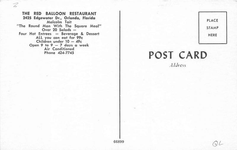 Orlando FL Red Balloon Restaurant All You Can Eat 99¢ Postcard