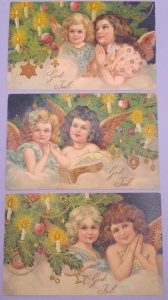 Lot of 3 Fantasy Angels Children Tree Candles Vintage Christmas Postcard Germany