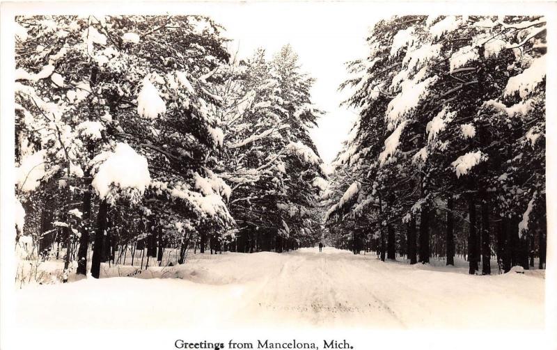 Michigan MI Real Photo RPPC Postcard 1940s MANCELONA Greetings from Winter Scene