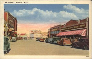 Milford Massachusetts MA Main Street Scene Colorful Linen Vintage Postcard