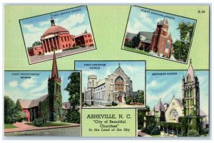 c1930s Beautiful Churches Ashville North Carolina NC, Multiview Vintage Postcard 