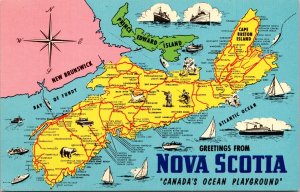 Greetings Nova Scotia Map Canada Ocean Playground VTG Postcard UNP Unused 