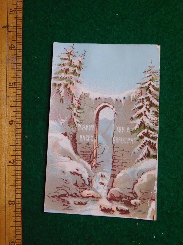 1870s-80s Happy Christmas Snowy Forest & Stone Arch Victorian Trade Card F35