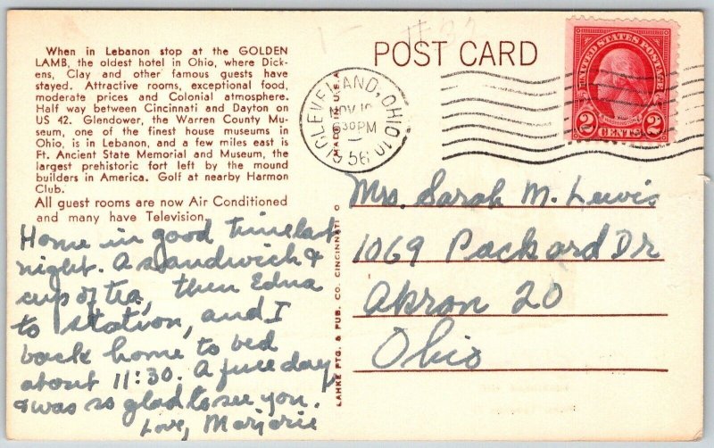 Lebanon Ohio 1956 Postcard The Goldan Lamb Restaurant