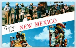 Greetings From NEW MEXICO ~ COWBOY CHUCK WAGON & NATIVE AMERICANS  Postcard