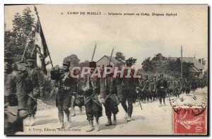 Old Postcard Militaria Camp of Mailly Infantry arriving in camp unfurled flag