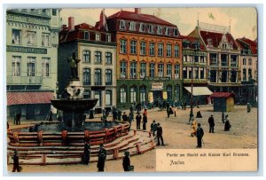 1908 Lot at the Market with Kaiser Karl Fountain Aachen Germany Postcard