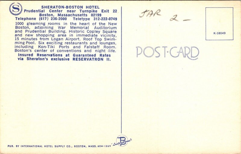 High View Sheraton Boston Hotel Prudential Center Massachusetts MA Postcard UNP 