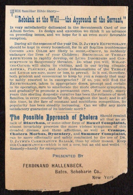 BATES*SCHOHARIE CO*NEW YORK*FERDINAND HALLENBECK*DR JAYNE'S REMEDIES*QUACKERY