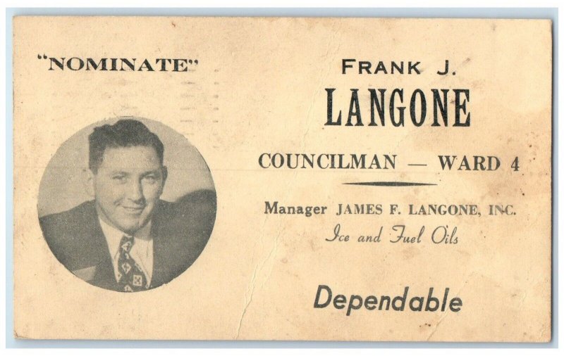 1949 Nominate Frank Langone Councilman Ward Political Advertising Mass Postcard