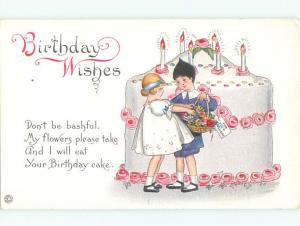 Unused Pre-Linen CUTE GIRL GETS FLOWER BASKET BESIDE GIANT BIRTHDAY CAKE k6966