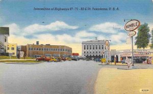Highway Intersection Humble Gas Station Texarkansas AR TX 1953 linen postcard