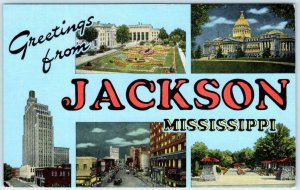 Large Letter Linen ~ JACKSON, MISSISSIPPI  MS  c1940s Kropp Postcard