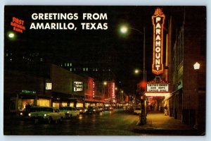 Amarillo Texas Postcard Greetings Night View Polk Street Downtown c1960 Vintage