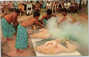 postcard Hawaii HI - Luau preparations - pigs cooked in imu (oven)