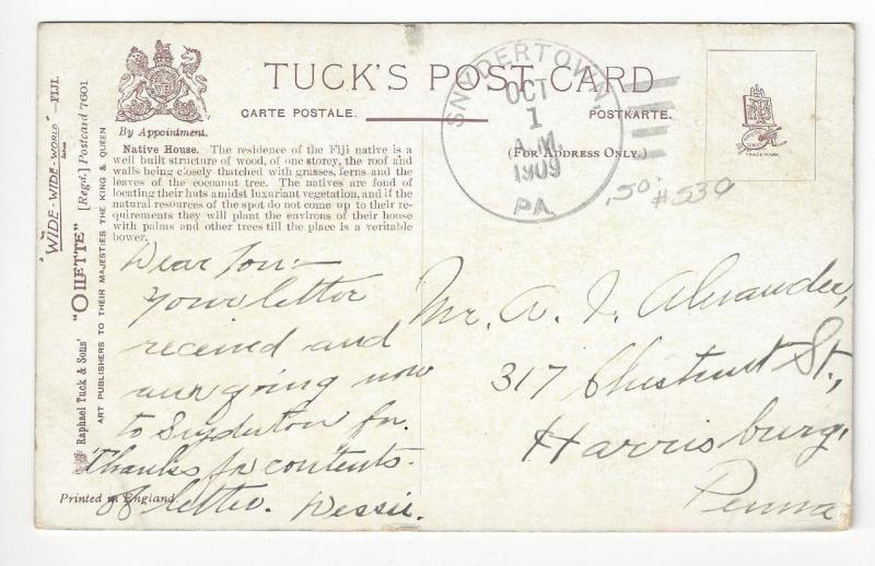 1909 Fiji Picture Postcard - Tucks - Native House, Fiji - Posted USA (AC53)