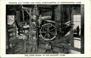 Loom Room Wiggins Old Tavern and Hotel Northampton MA B&W Chrome Postcard F1
