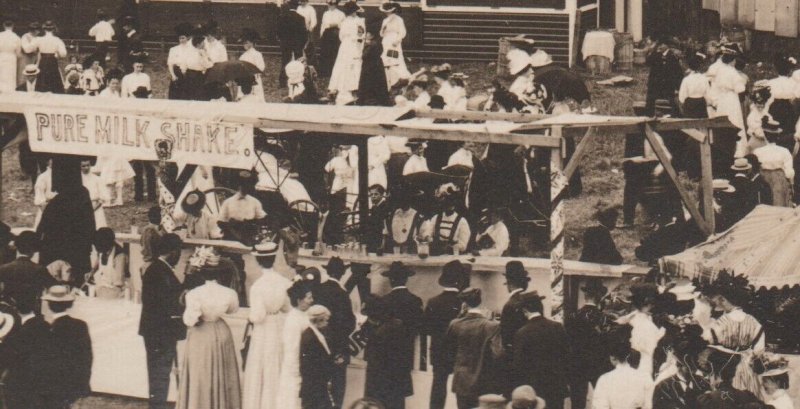 Oneonta NEW YORK RPPC 1908 ICE CREAM CONE BOOTH Shakes FAIR Skeleton BICYCLES