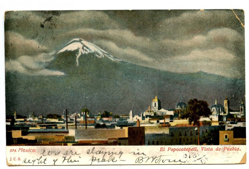 Mexico - Cholula, Pueblo. View of El Popocatepetl Volcano  (corner damage)