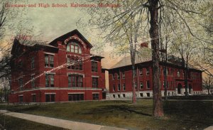 Vintage Postcard 1912 Grammar and High School Campus Building Kalamazzo Michigan