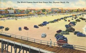 Famous Beach & Ocean Pier Daytona Beach FL Florida Cars Linen c1943 Postcard D21