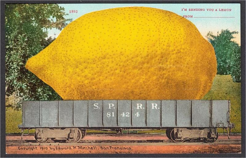 Giant Lemon on Southern Pacific Railroad Exaggeration Postcard 1910