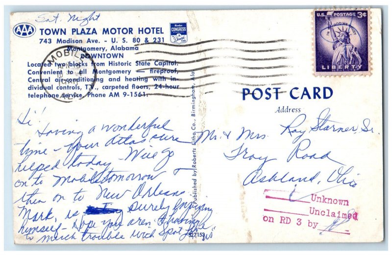 1960 Town Plaza Motor Hotel, Montgomery Alabama AL Vintage Postcard 