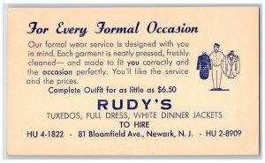 Newark New Jersey NJ Postal Card Rudy's Tuxedos Dress Jackets To Hire c1950's