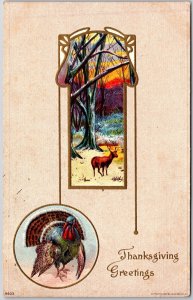 1914 Thanksgiving Greetings Turkey Deer In The Forest Posted Postcard