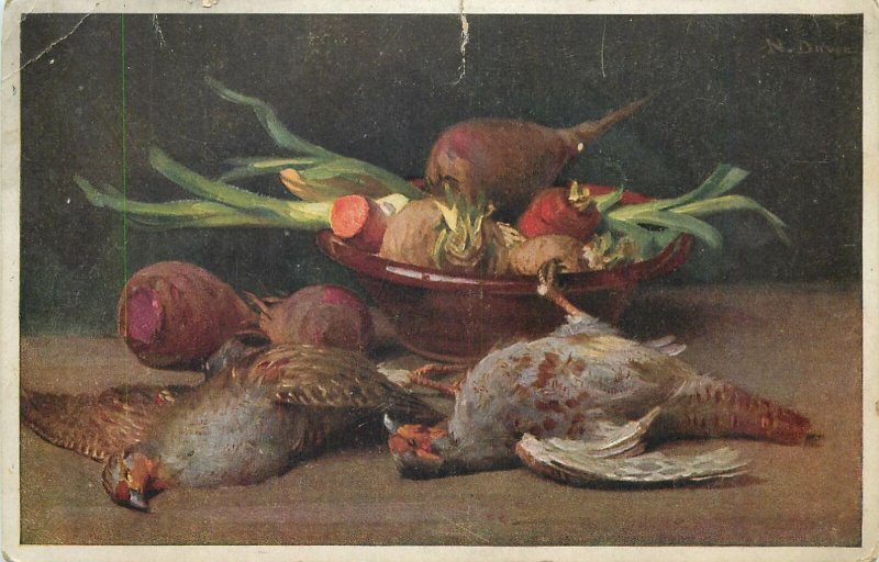 Art Postkarte Vegetables bowl pigeons still life