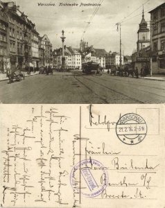 poland, WARSAW WARSZAWA, Ul Krakowskie Przedmieście, Tram Line 5 (1916) Postcard