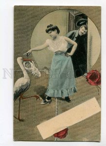 3028942 Angry Lovers & STORK w/ Baby. Vintage russian PC