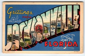 Greetings From Jacksonville Florida Large Letter Linen Postcard Curt Teich 1939