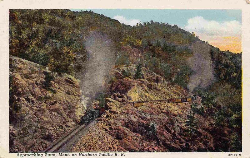 Northern Pacific Railroad Train Approaching Butte Montana linen postcard