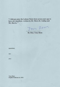 Tony Benn Labour MP Hand Signed Quotation Autograph