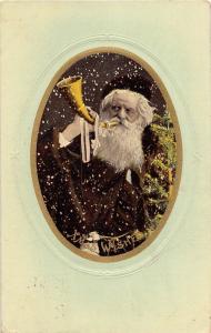 E55/ Santa Claus Merry Christmas Postcard 1911 Brown Suit Robe Horn Blowing 23