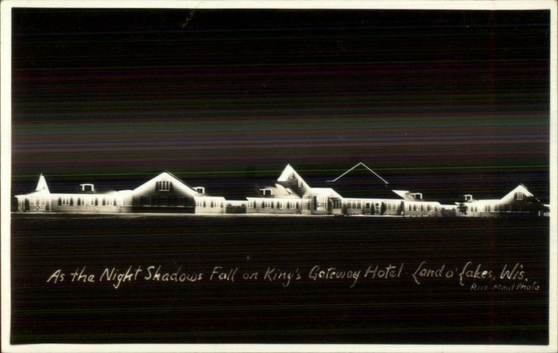 Land O' Lakes WI King's Gateway Hotel at Night Real Photo Postcard xst