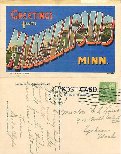 Greetings from MINNEAPOLIS, Minnesota, MN, Large Letters,1938 Linen