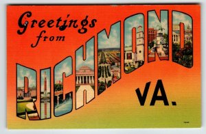 Greetings From Richmond Virginia Large Big Letter Linen Postcard Unused VA