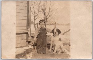 Little Boy And His Pet Dog Outside The House On Winter Photograph Postcard