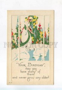 528134 ART NOUVEAU Birthday Greeting Flowers Lady SWANS Vintage Embossed