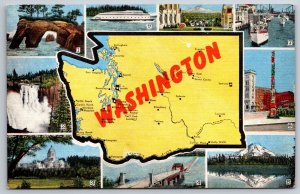 State Maps~Washington~Multi-View~Yakima~Ephrata~Everett~EC Kropp Vtg Postcard